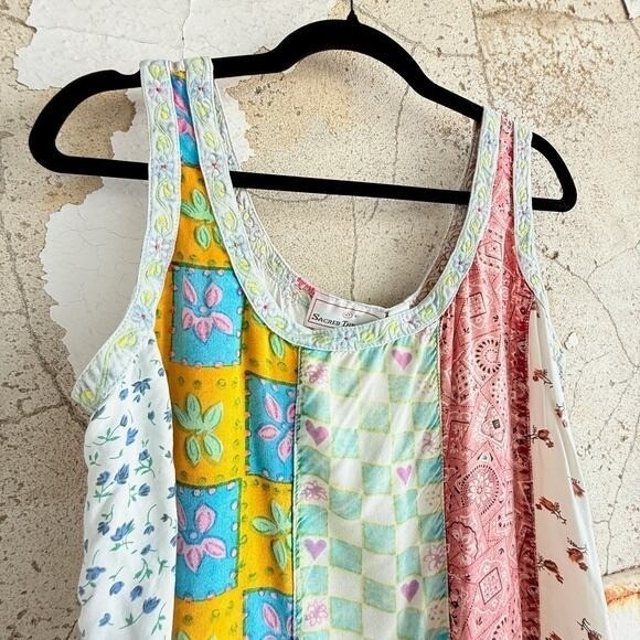 Vtg 90s Patchwork Maxi Dress Rayon Embroidered Trim Tie Back Waist Womens L Boho - Picture 3 of 8